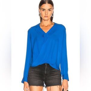 L’AGENCE Rita Drape Front Blouse in Riviera Blue XS